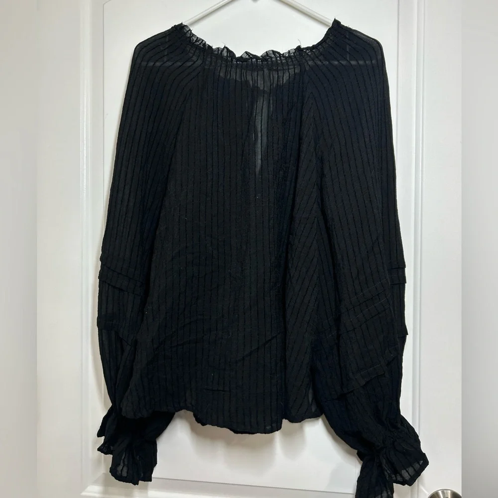 Free People Out Of Town Top Off the Shoulder Smocked Puff Sleeves Sheer Boho S